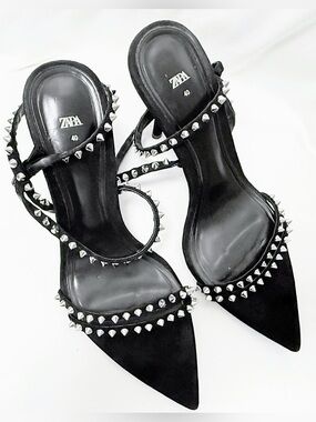 Zara Black Studded Pointed Toe Stiletto Heels Ankle Strap Size 9